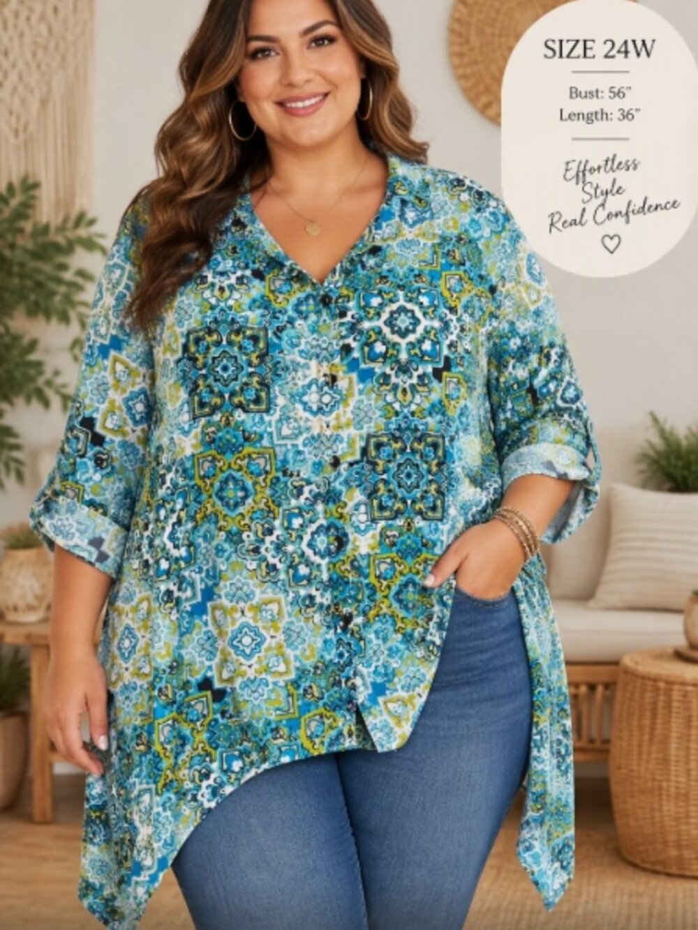 Catherines Turquoise Mandala Print Shark Bite Hem Tunic Blouse Plus 22/24W Boho